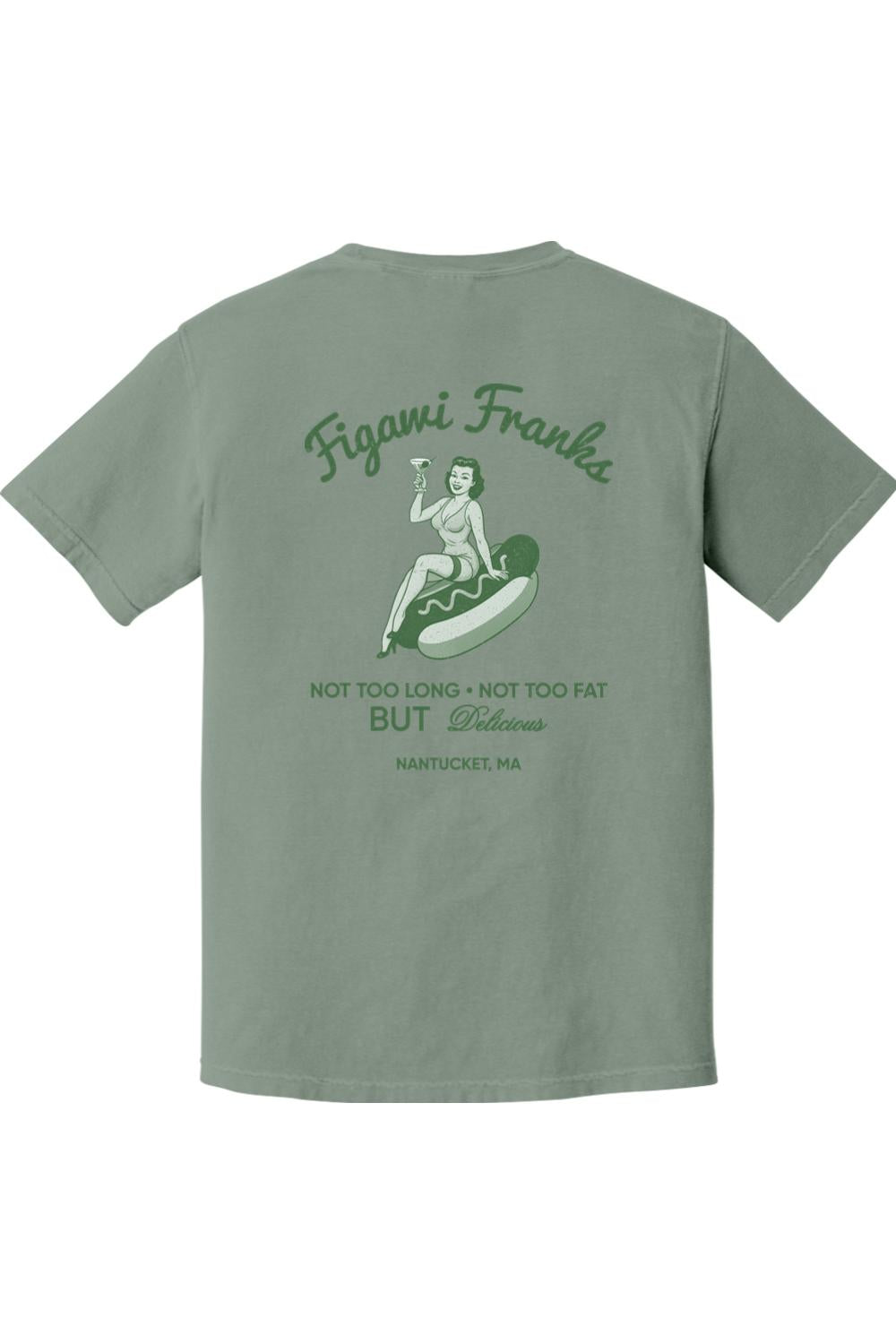 Sage green Comfort Colors unisex t-shirt featuring a Figawi Franks pin-up girl graphic on the back.