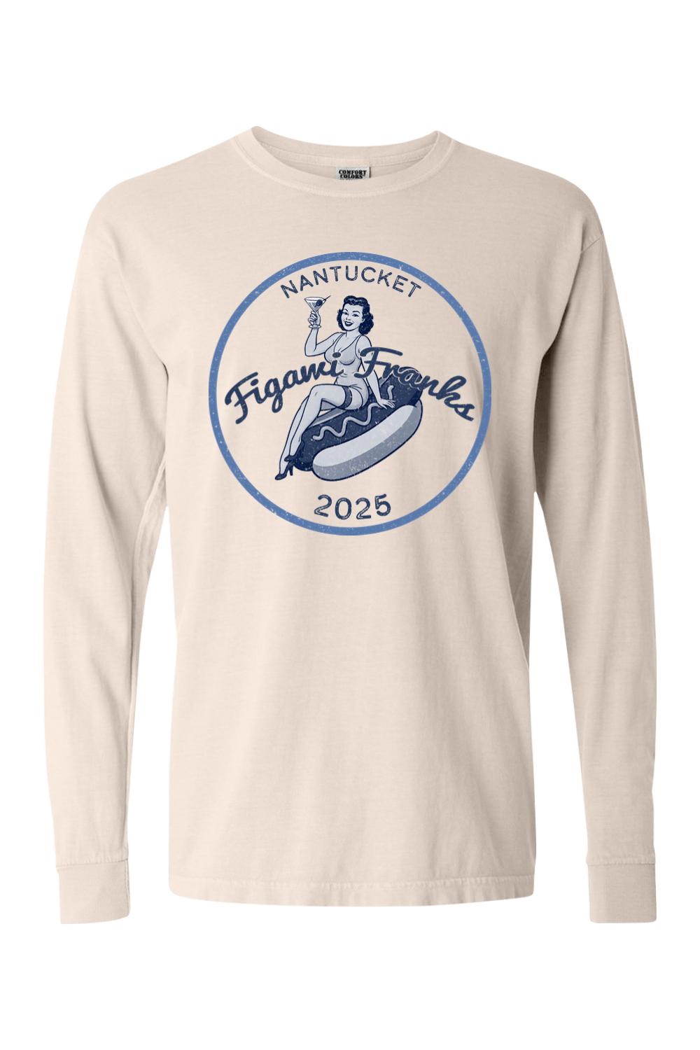 Beige Comfort Colors long sleeve tee featuring a blue Figawi Franks 2025 graphic with a pin-up girl on a hot dog.