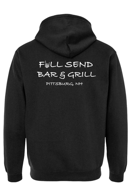 Black fleece hooded sweatshirt featuring white Full Send Bar & Grill text and a skeleton hand graphic on the back.