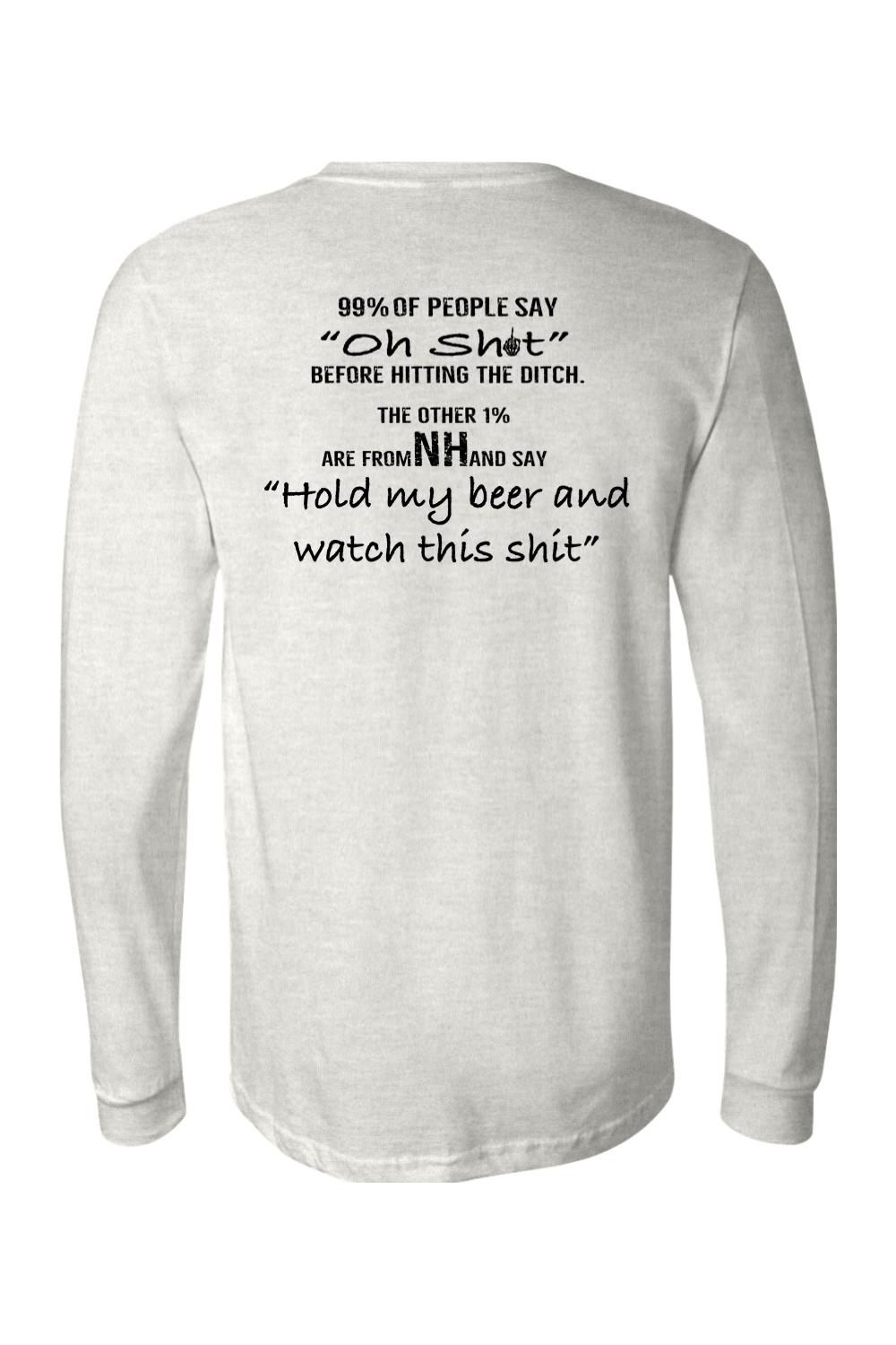 Light grey long-sleeve jersey shirt featuring black text about New Hampshire and holding a beer on the back.