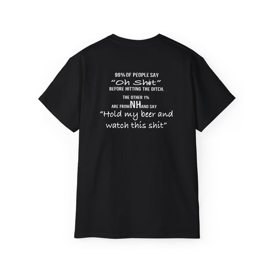Black unisex cotton t-shirt featuring white text on the back that reads Hold my beer and watch this shit.