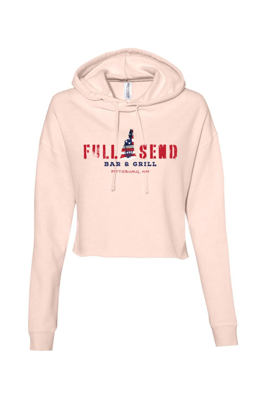 Light pink cropped hoodie with Full Send Bar & Grill Pittsburg, NH logo featuring a red, white, and blue graphic.