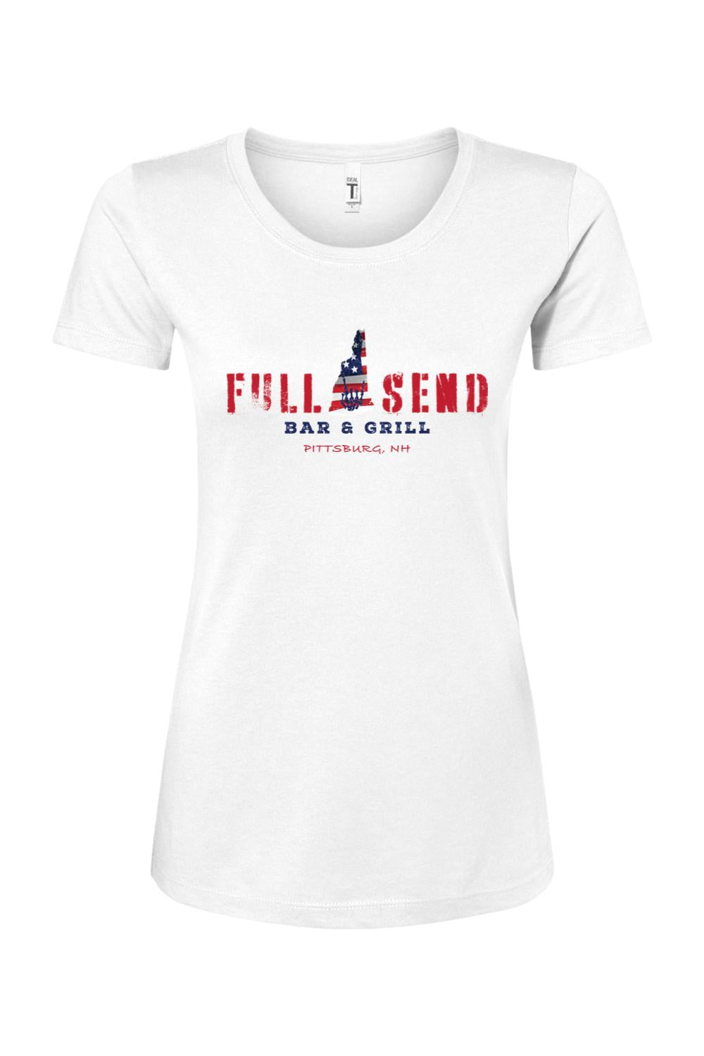 White women's cotton-blend t-shirt featuring a red, white, and blue Full Send Bar & Grill Pittsburg, NH graphic.