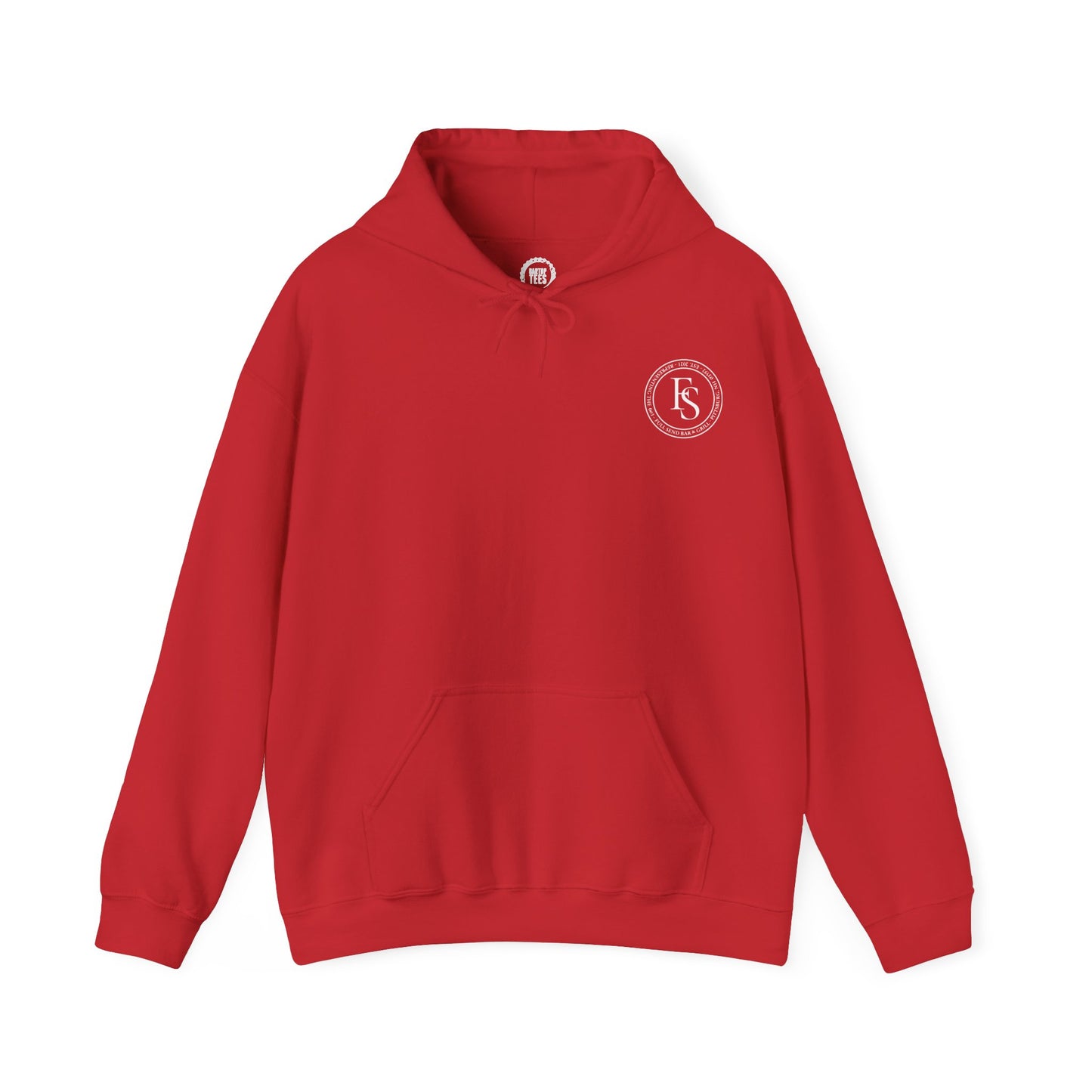Red midweight cotton hoodie featuring a white Full Send circular logo on the left chest and a front kangaroo pocket.