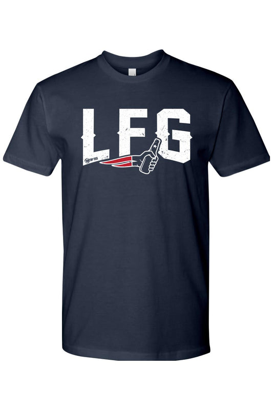 Navy blue cotton men's t-shirt featuring a white distressed LFG graphic with a beer bottle and sports-themed logo.