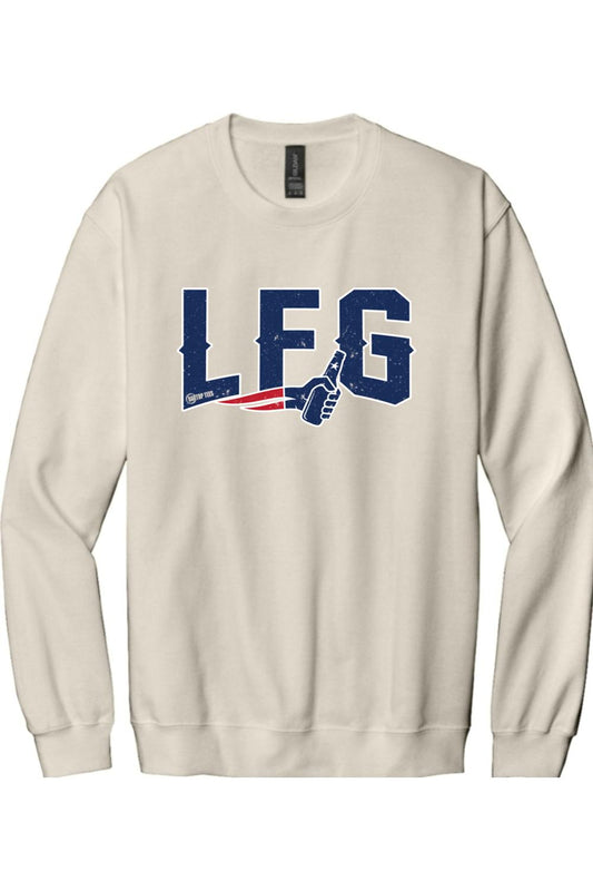 Beige crewneck sweatshirt featuring a navy blue LFG graphic with a hand holding a beer bottle.