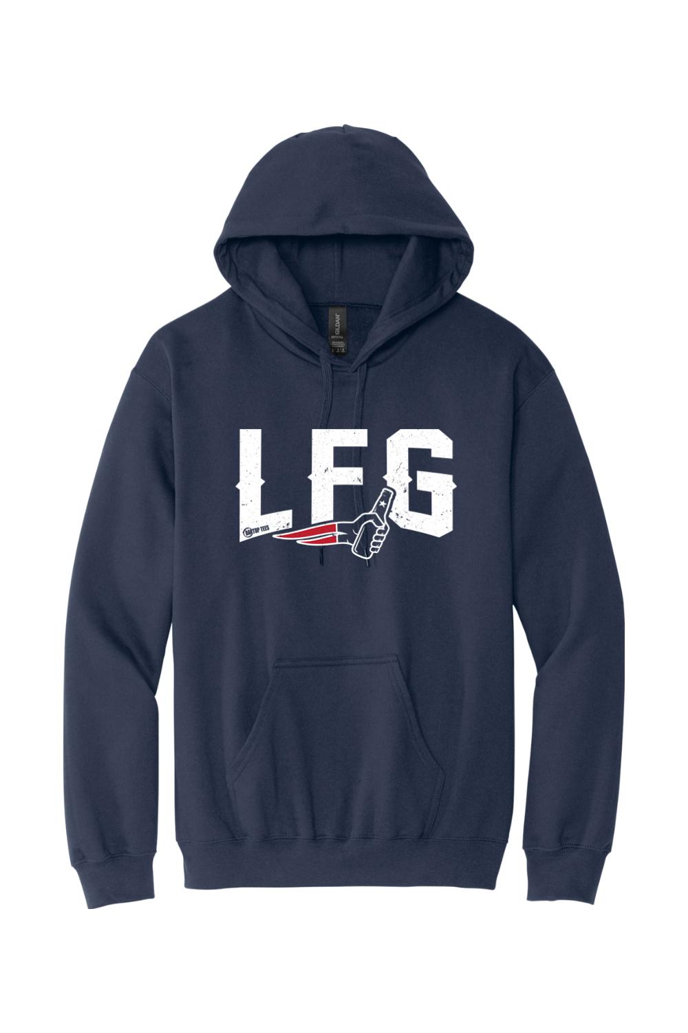 Navy blue men's pullover hoodie with LFG graphic, drawstring hood, and front pouch pocket.