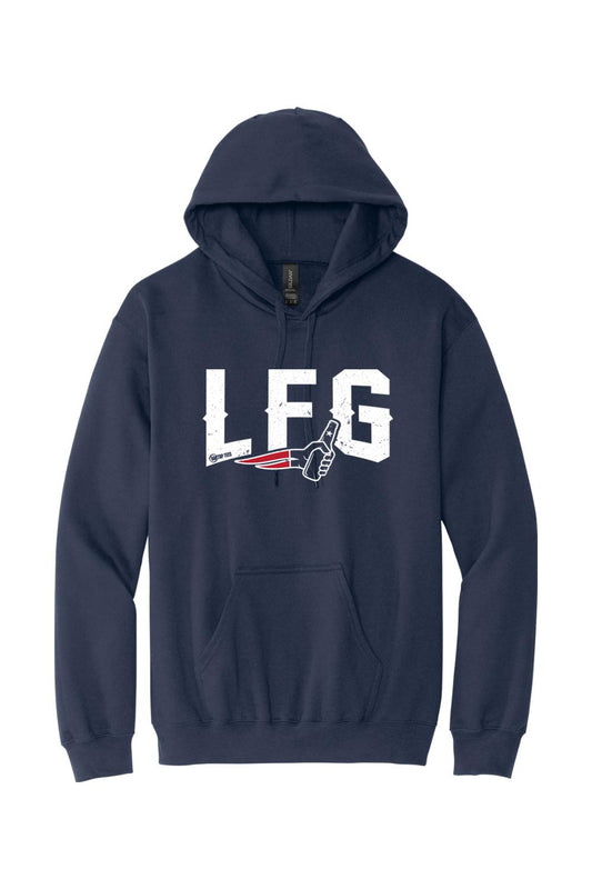 Navy blue men's pullover hoodie with LFG graphic, drawstring hood, and front pouch pocket.