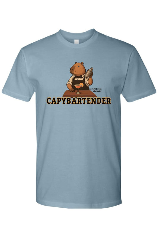 Light blue cotton t-shirt featuring a capybara bartender graphic with the text CAPYBARTENDER and Gaming Mixologist.