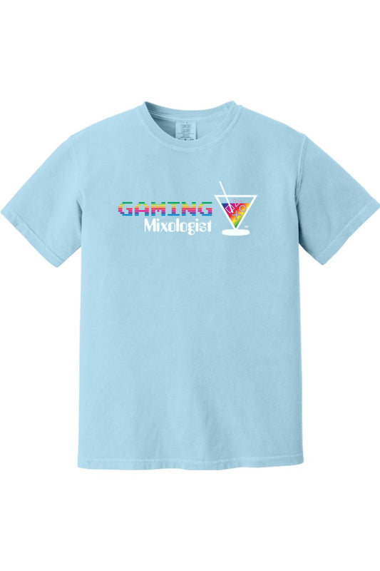 Light blue Comfort Colors cotton t-shirt with a rainbow Gaming Mixologist graphic featuring a martini glass icon.
