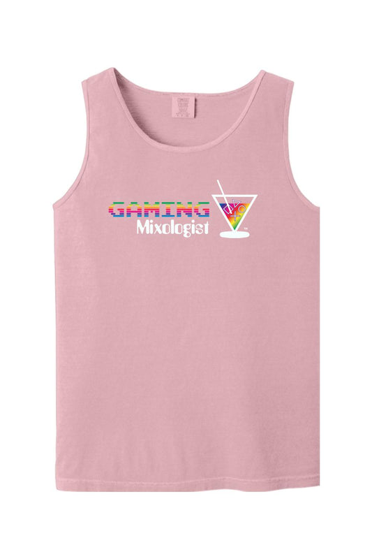 Light pink Comfort Colors tank top featuring a rainbow Gaming Mixologist graphic with a martini glass icon.