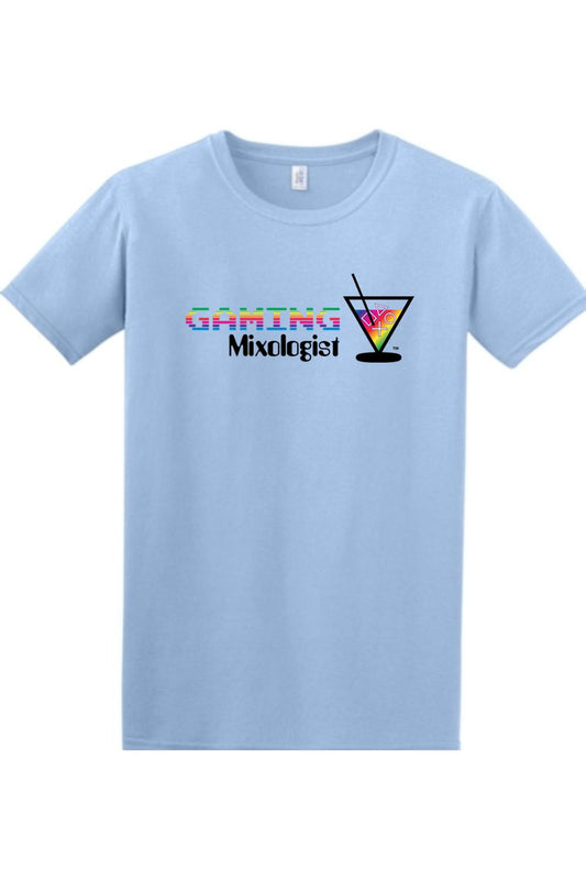 Light blue cotton crewneck t-shirt featuring a rainbow pixelated Gaming Mixologist logo with a martini glass icon.