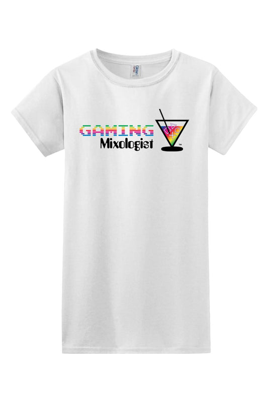White women's cotton t-shirt featuring a colorful Gaming Mixologist graphic with a martini glass and controller icons.
