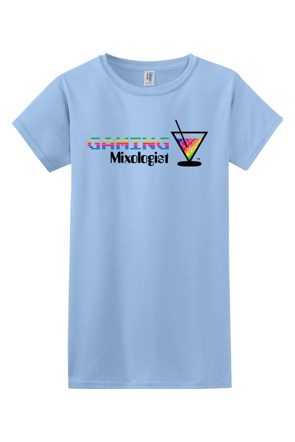 Light blue women's cotton t-shirt featuring a colorful Gaming Mixologist graphic with a rainbow martini glass icon.