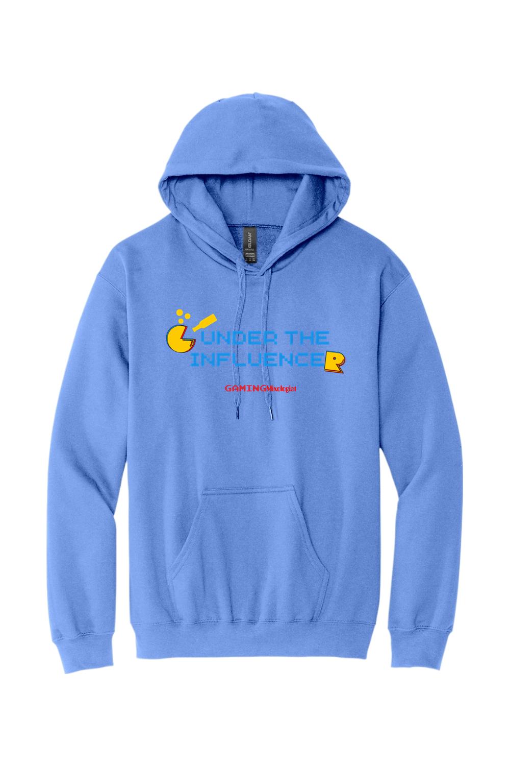 Light blue pullover hoodie featuring a yellow gaming-themed graphic and Under the Influencer text on the chest.