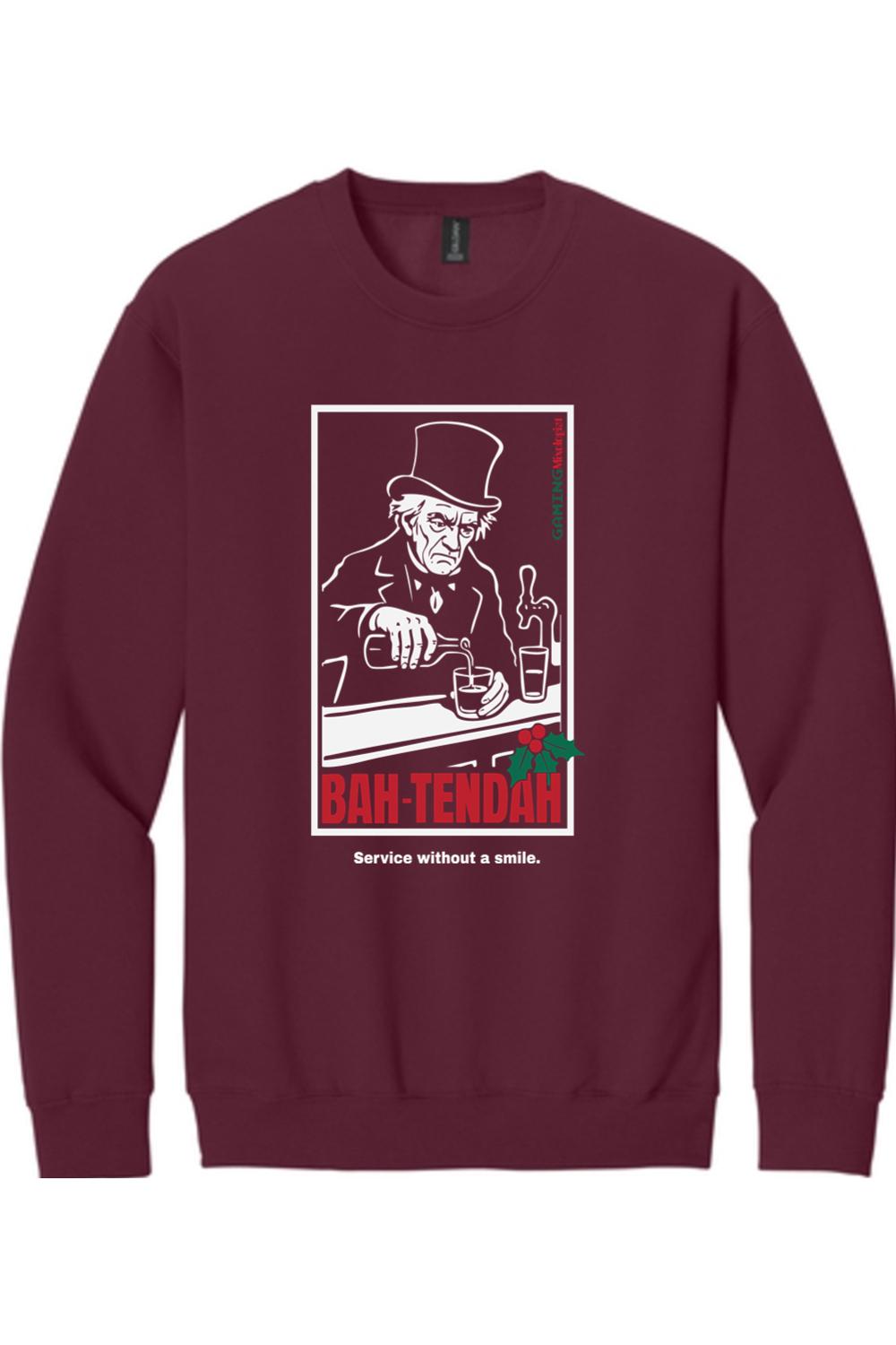Maroon crewneck sweatshirt featuring a graphic of a grumpy bartender in a top hat with the text BAH-TENDAH.