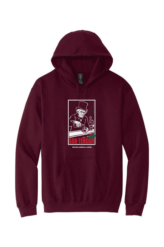 Maroon pullover hoodie featuring a graphic of a grumpy bartender in a top hat with the text BAH-TENDER.