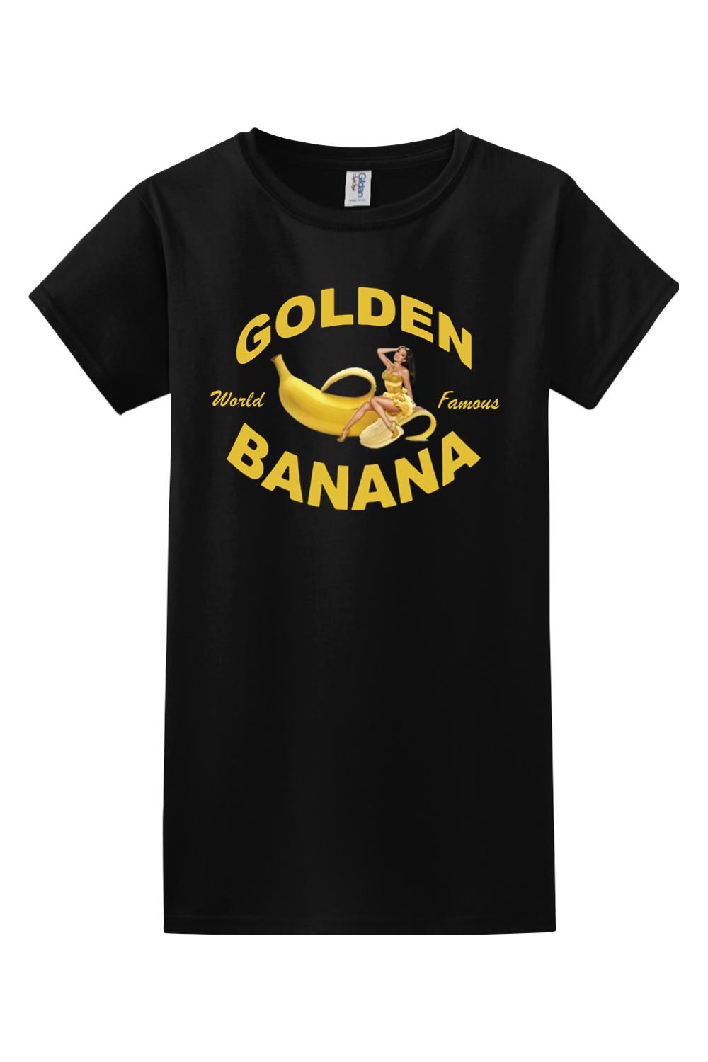 Black 100% cotton women's t-shirt featuring a Golden Banana graphic with a pin-up style woman in yellow.