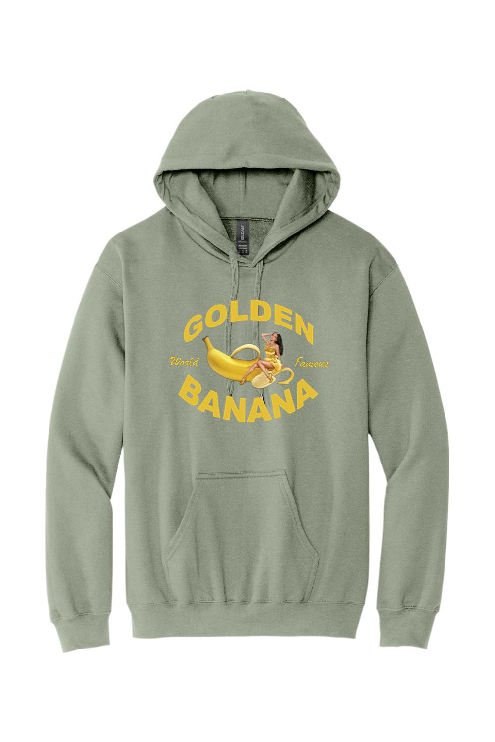 Sage green pullover hoodie with a Golden Banana pin-up logo graphic and front kangaroo pocket.