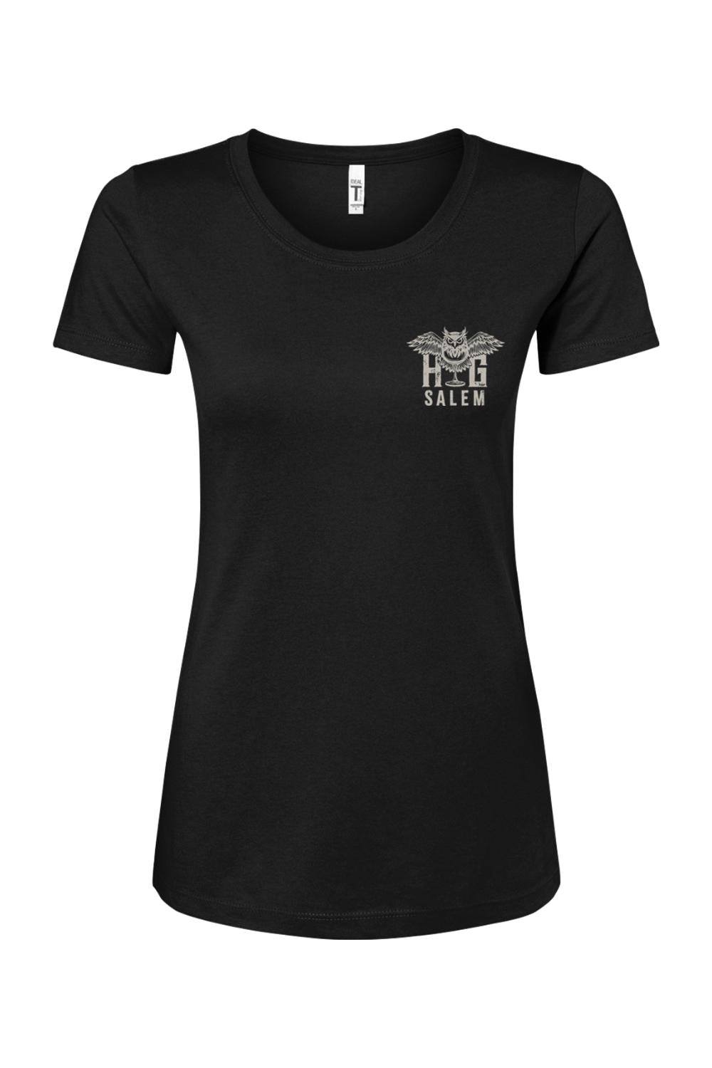 Black women's cotton blend t-shirt featuring a small white HG Salem owl graphic on the left chest.
