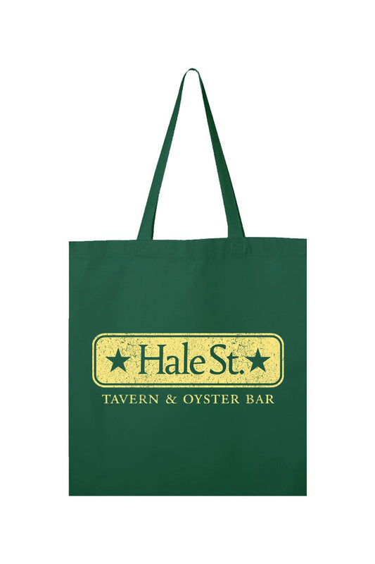 Dark green canvas tote bag featuring a yellow distressed Hale St. Tavern & Oyster Bar logo on the front.