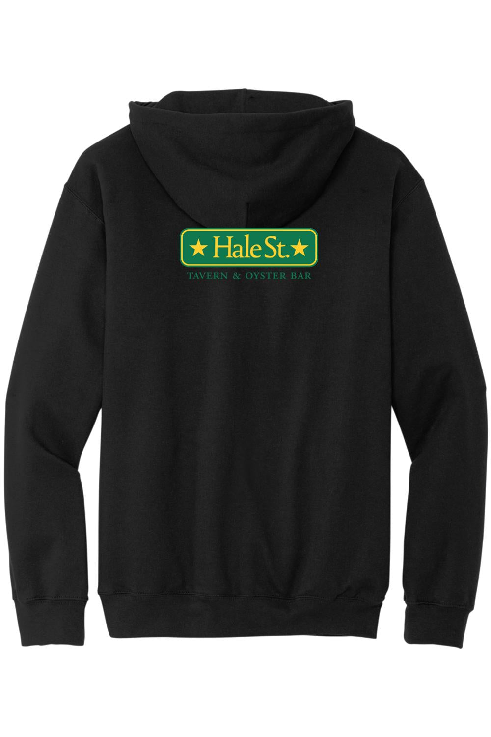 Black zip-up hoodie featuring the yellow and green Hale St. Tavern & Oyster Bar logo printed on the back.