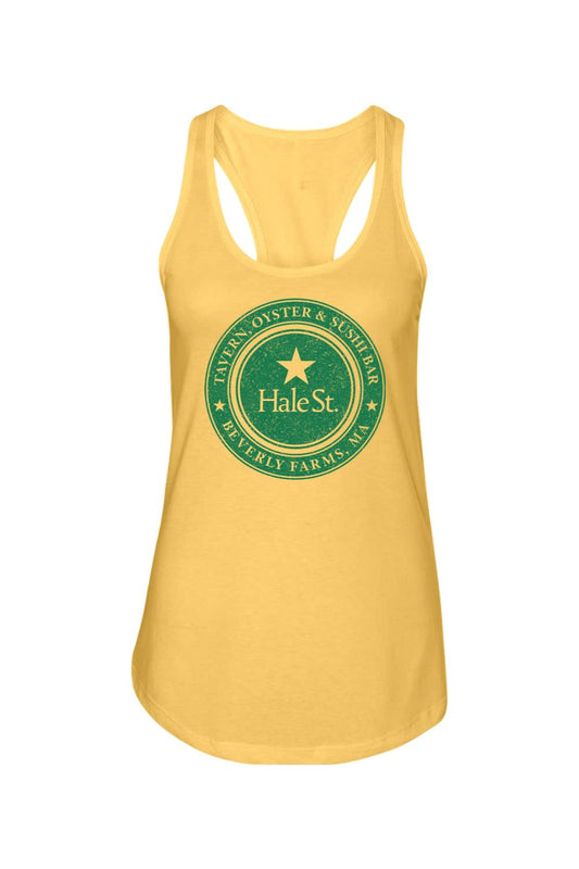 Yellow racerback tank top featuring a green circular Hale St. Tavern logo with a star on a white background.