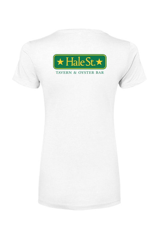 White women's cotton-blend t-shirt featuring a green Hale St. Tavern & Oyster Bar logo on the back.
