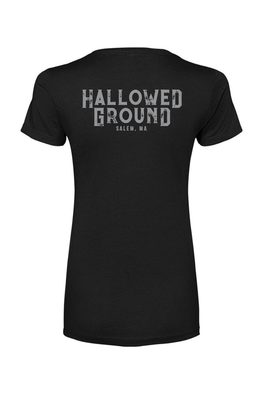 Black women's cotton-blend t-shirt featuring Hallowed Ground Salem, MA graphic on the back.