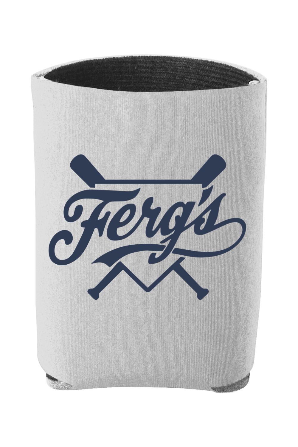 Light gray insulated foam can cooler featuring a navy blue Ferg's logo with crossed baseball bats.