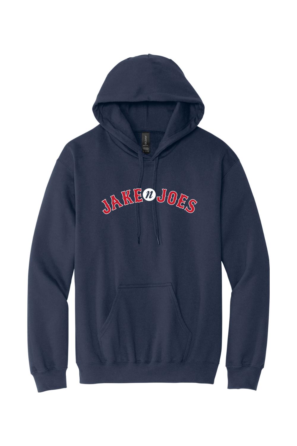 Navy blue men's baseball hoodie with Jake n JOES logo in red and white lettering and a front kangaroo pocket.