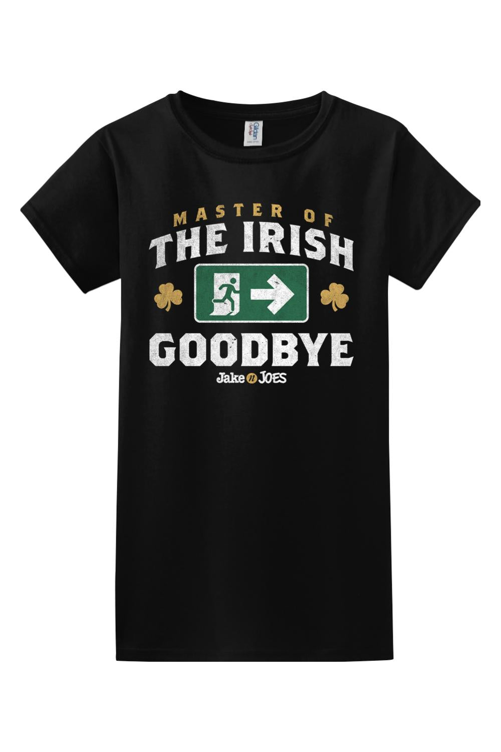 Black cotton women's t-shirt featuring a Master of the Irish Goodbye graphic with a green exit sign and shamrocks.