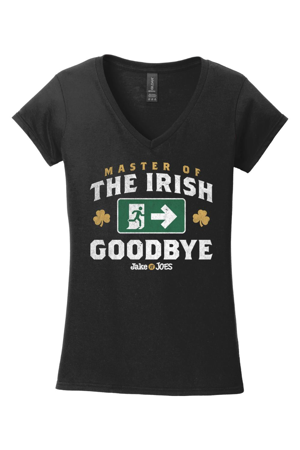 Black women's V-neck cotton T-shirt featuring a Master of the Irish Goodbye graphic with shamrock icons.