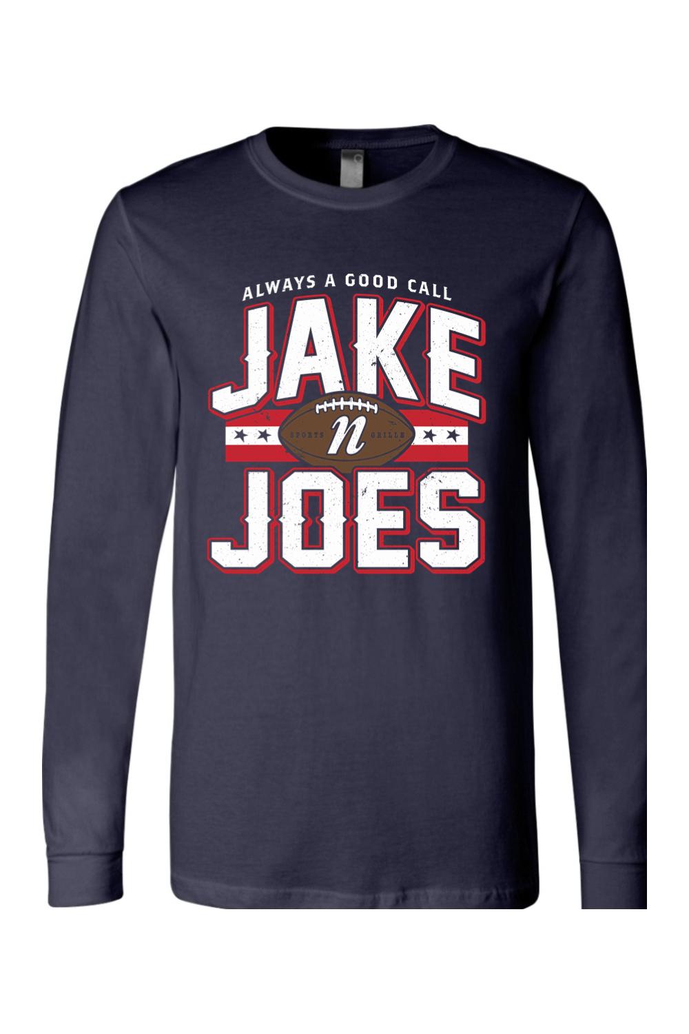 Navy blue long sleeve cotton t-shirt with a white and red Jake n JOES football graphic on the chest.