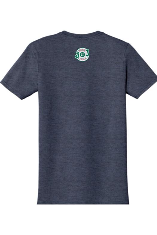 Men's navy heather cotton t-shirt featuring a small Jake n JOES logo on the upper back.