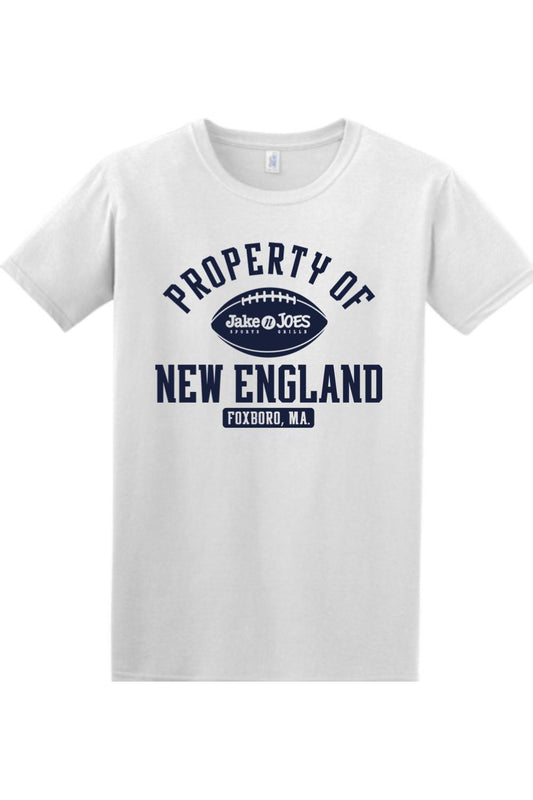 White cotton crewneck t-shirt featuring a navy blue Property of New England football graphic with Jake n JOES branding.