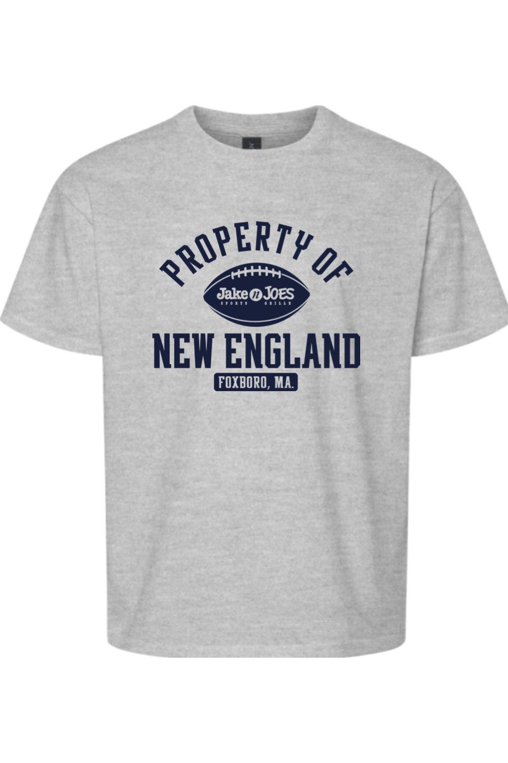 Youth grey cotton t-shirt featuring a navy blue Property of New England football graphic with Jake n JOES branding.
