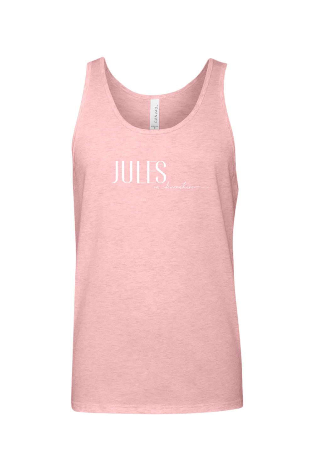 Light pink heathered jersey tank top with white Jules on Devonshire logo printed on the chest.