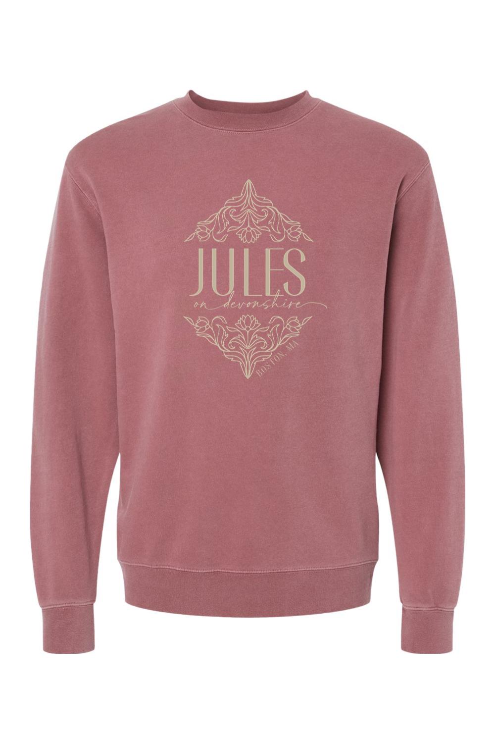 Dusty rose pigment-dyed crewneck sweatshirt featuring a cream-colored Jules on Devonshire Boston, MA floral graphic.