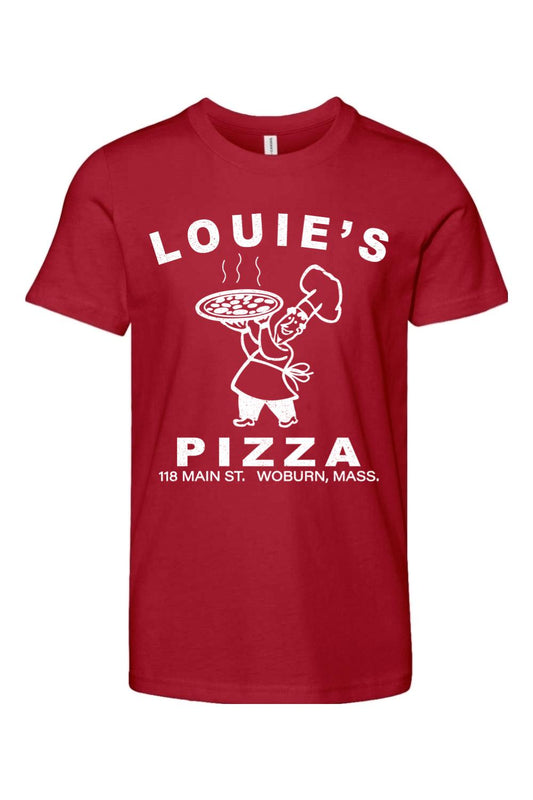 Red 100% cotton youth t-shirt featuring a white Louie's Pizza chef graphic and text on the front.