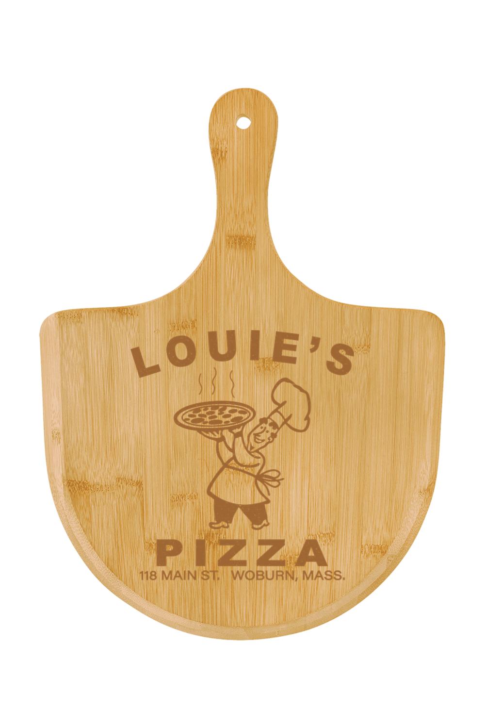 15.5 x 11-inch bamboo pizza board with a handle and engraved Louie's Pizza logo featuring a chef holding a pie.