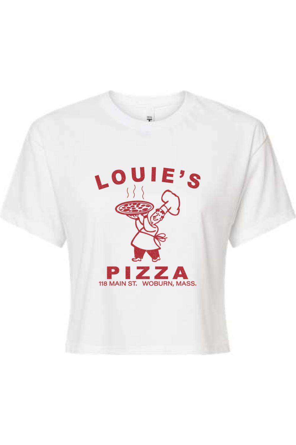 White cropped t-shirt featuring a red Louie's Pizza chef graphic and text on a soft cotton-blend fabric.
