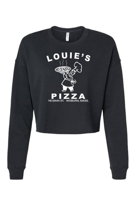 Black lightweight cropped crewneck sweatshirt featuring a white Louie's Pizza graphic with a chef holding a pizza.
