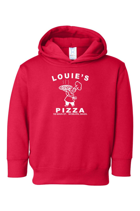 Red toddler hoodie featuring a white Louie's Pizza chef graphic and text on a soft cotton-blend fabric.
