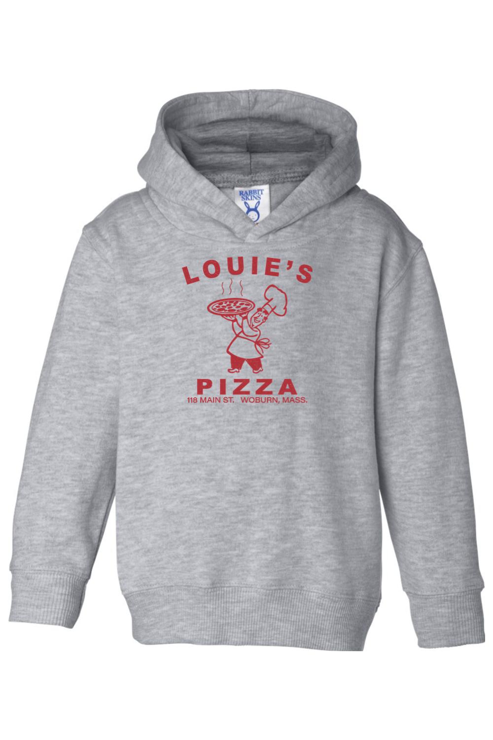 Grey toddler hoodie with a red Louie's Pizza chef logo, featuring long sleeves and a comfortable cotton-blend fabric.