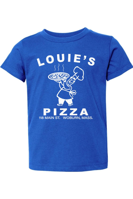 Royal blue toddler t-shirt featuring a white graphic of a chef holding a pizza with Louie's Pizza text.