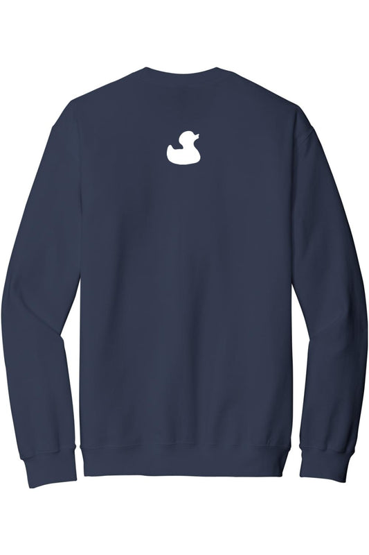 Navy blue crewneck sweatshirt featuring a small white rubber duck logo centered on the back.