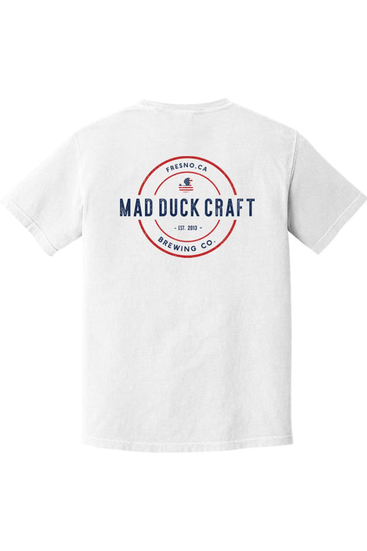 White Comfort Colors short sleeve cotton t-shirt featuring a red, white, and blue Mad Duck Craft Brewing Co. logo.