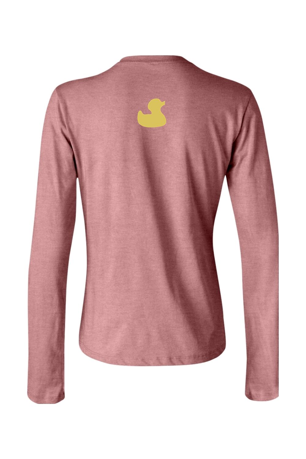 Back view of a heathered mauve women's long sleeve jersey tee featuring a small yellow rubber duck logo.