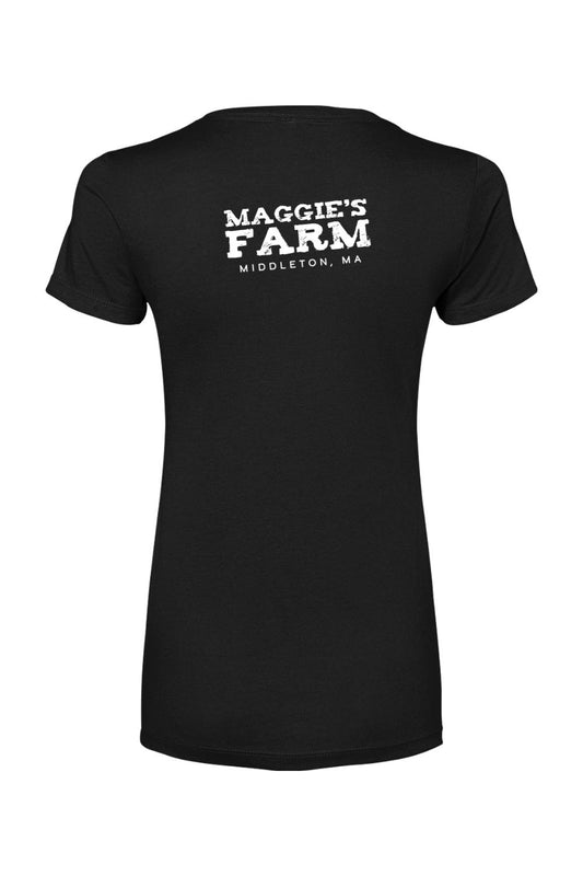Black women's cotton-blend t-shirt featuring white Maggie's Farm Middleton, MA text on the back.